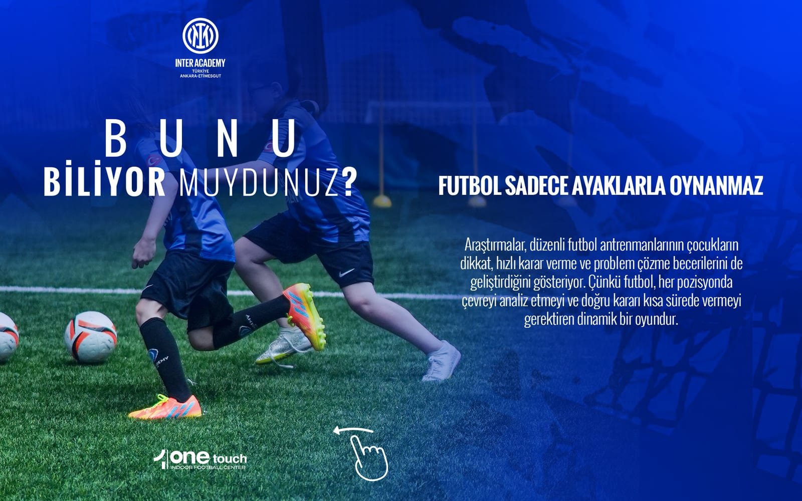 “Bunu biliyor muydunuz?” başlıklı kaydırmalı Inter Academy postu, sahada top süren çocuk