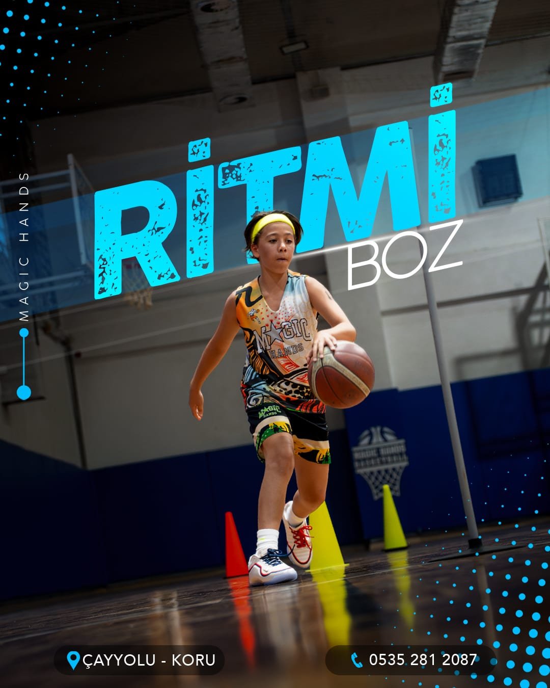 “Ritmi boz” başlıklı tasarım, dribbling yapan genç oyuncu